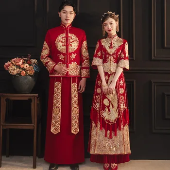 Xiuhe Retro Kineski Vjenčanicu EmbroideryTraditional Cheongsam Stara Red Formalni Qipao Žene Čovječe Orijentalna Stil Plus Veličine