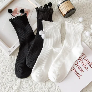 Slatka Djevojčice Kawaii Sladak Čarape JK Lolita Čipke Luk su Nabrane Zezne Čarape Čvrst Boja Crno Beli Japanski Stil Princeza Čarape Žene