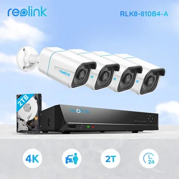Reolink Pametan 4k Sigurnosne Kamere Sistem PoE 24/7 Snimak 2TB HDD Osoba/Vozilo Otkrivanje 8MP video rekorder RLK8-810B4-A