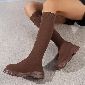 Isplela Žena Koljeno Visoke Čizme Istezanje Čarapu Čizme Platforma Ženske Cipele Jesen Zime Slim Štiklom Rundu Prst Dame Dugo Čizmu