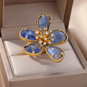 Cvijet Zlatne Boje Od Nerđajućeg Čelika Prstenje Za Žene Plavi Bakra Cirkon Otvori Prilagodljiva Luksuz Prsten Nakit Zabavu Poklon 2023 Nova