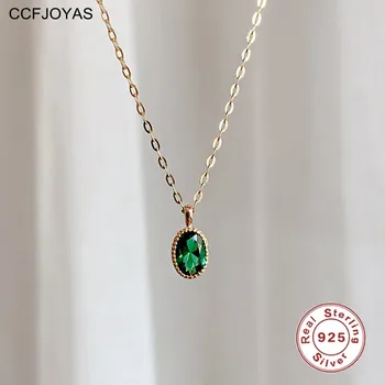 CCFJOYAS 925 Srebrni Berba Ovalni Smaragd Cirkon Privjesak Ogrlicu za Žene Jednostavno Geometrijske Zlato Lanac Ogrlicu Dar