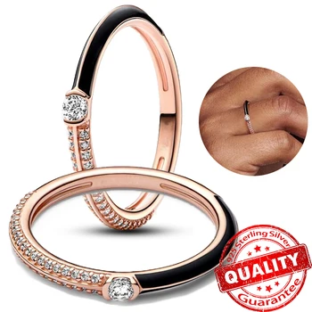 Trendu 925 Srebrni CZ ME Pavé Dvostrukog Crnog Prsten Dijamantni prsten za Žene Zabavu Nakit Poklone Rose Zlatni Prsten