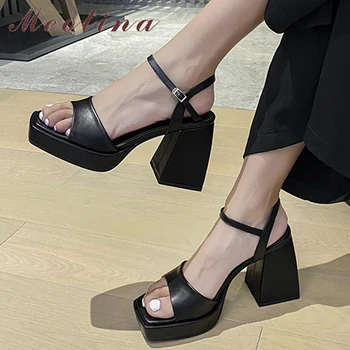 Meotina Žene Čiste Kože Cipele Super Štiklom Platforma Sandale Vežite Debela Peti Square Toe Dame Sandale Ljeto Crna