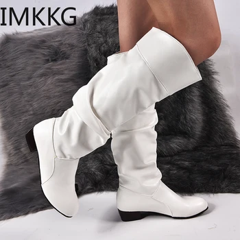 2021 Mode Cipele Žene Koljeno Visoke Čizme Zime Koljeno Visoke Čizme sa Visokom Cijevi Ravno Petama Jahanje Čizme Van Bele Cipele Y10297