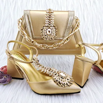 QSGFC 2023 Najnovijeg INS Stil Zlatne Boje Elegantan Štikle Nigeriji Popularna Dizajn Afričkih Dame Cipele I Torbe Postavio