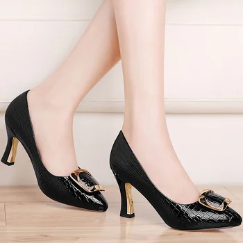Visokim potpeticama 2023 Debele petom Ženske Cipele Profesionalni Ukazao Kožne Cipele Plitko Cipele Žene Venčanje Mode