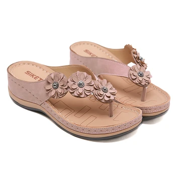 Ljeto žena je stan sandale ugodno rundu glavu opušteno retro cvijet papucama papuče sandália tacones chaussons