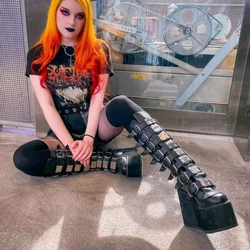 Novi Ženska Moda Metal Gotski Platforma Čizme Propalice Ludaca Klinova Štikle Žene Koljeno Visoke Čizme Stree Cipele Žena