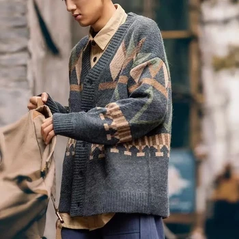 Ljudi je Džemper Džemper Retro Japanski V-izrez Knitwear Jesen Dijamant Kontrast Boje Džakard Liniju Opušteno Slobodi Vrhu Trend
