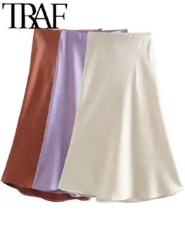 TRAF 2023 Proljeće Ljeto Žene Berba Suknje Mode Saten Čvrst Dame Mini Suknju Elegantna Djevojka Srednjoj Struka Suknje