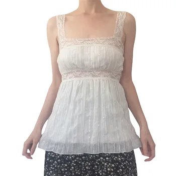 Xingqing Slatko Čipke Najviše E-djevojka Duge Bijele bez rukava majice na Trgu Ogrlicu Pasu Vrhu Mode Sladak Pullovers Žene Partywear