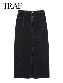 TRAF Mode Midi Suknju Berba Streetwear Suknje Žena je Visok Struka Crni Traper Suknju Žena Prerezati Jean Dugo Suknje Za Žene