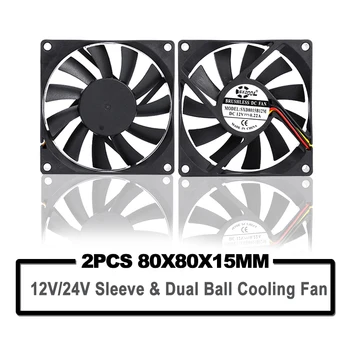 2PCS SXDOOL Kompjuter Slučaj Fan 80*80*15mm 80mm 8cm Brushless 24V 12V 8015 Dvojno Loptu/Rukav Hlađenje Hladnjak Fan CPU PC Laptop Fan