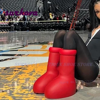 Veliki Crveni Koljeno Visoke Čizme Rundu Prst Balon-kao Sklizne Na Žene je Opuštena Čizme 2023 Novi Dizajn Čvrst Zabavu Pisti Cipele Mode