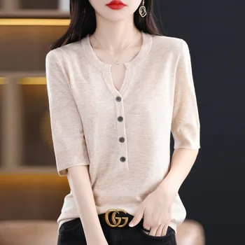 2023 Novi Ljeto Žene Džemper Mid Rukav majicu Mode Slim Dame Crno Beli V-izrez T Majice