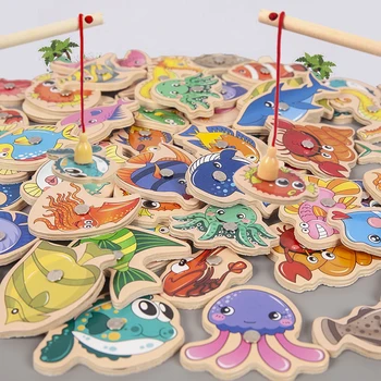 Montessoris Drvene Magnetno Pecanje Igračke za Bebu iz Crtića Morski Život Spoznaja Ribu Igre Obrazovanje Roditelj-Dijete Interaktivni