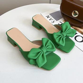 Papuče Žene 2023 Ljeto Kvadratnih Petama Mazge Zelene Leptir-čvor Slajdove Dame Novi Luksuz Sandale Ženske Cipele Plus Veliki Veličina 45