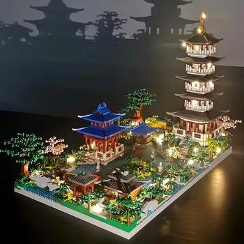 Kineske Arhitekture Mikro Bloka Toranj Jezero Drveće DIY Dijamant Izgradnju Cigle Svjetlo Igračke za Decu Odrasli Dar