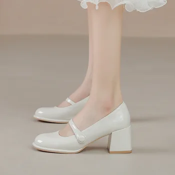 Mary Jane Cipele za Žene 2023 Novi Dolazak Bijele Chunky Petama Slatko Stil Plitko Usta Stanova Kožne Cipele Devojke Tacones Ženo