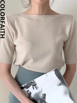 Colorfaith Novi 2022 Veoma Nizak Osnovne Čvrst Moderna Isplela Minimalističko Stil Korejski Divlje Dama Žene Ljeto Majicu Najviše T7609