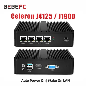 BEBEPC Mini PC Fanless Informacije Celeron J1900 J4125 4LAN gb / s Ethernet Mini Kompjuter Prozore 10 PfSense Server Firewall Ruter
