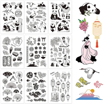 9 Plahte Orijentalna Stil Rezanje Umre i Silikona Jasno Markice Pečat Panda Suši Gejša Fan Lampu Oblak za Karticu Pravi Dekor