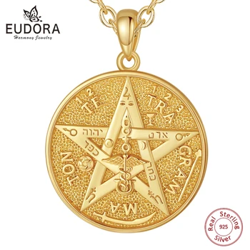 Eudora 925 Srebrni Pentagram Runa Ogrlice za Žene Čovječe 18K Zlato Amulet Čuvar Zvijezda Tetragrammaton Privjesak Dar