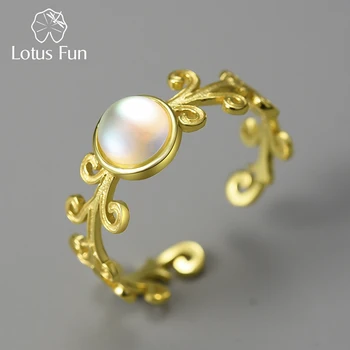 Lotus Zabavno 18K Zlato Klasična Šema Acanthus List Umjetna mesecev Kamen Prilagodljiva Prstenje za Žene 925 Srebrni Nakit