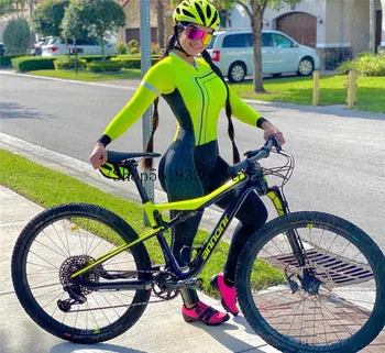 Pun-telo Žene Kombinezon Biciklizma Sport Odelo Triatlon koje se razvlači Dugi rukav Biciklističke Pantalone Skinsuit Trisuit Žute Gel Odela