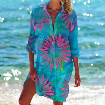 Ljeto Novi Opušteno ženska Majica Duge Rukave Reveru Naborane Plaži krema za Sunčanje Majicu Bluzu Dugi Rukav odbiti Ogrlicu Bluzu