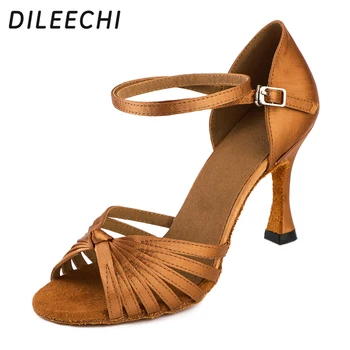 DILEECHI salsa žena je latino plesa cipele za ples cipele bronzanog peta 85mm saten mekan outsole