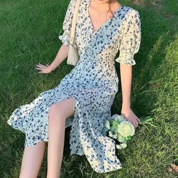 Žene Ljetnu Haljinu Ljeto Zabave Midi Haljinu Žensku Odjeću Shirring V-izrez Cvijet Štampanje Kratke Rukave Strani Podijeliti oblačenja Slim