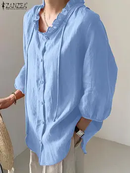 2023 ZANZEA Čvrst Ured STARI Najviše Jesen Lampu Rukavima Žene Pamuka O-Vrat Majicu Mode Opušteno Elegantan Bluzu Prevelike