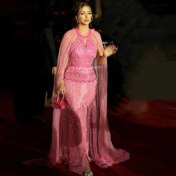 Sharon je Rekla Luksuz Dubai Sirena Roze Večernje Haljine s Cape Rukave 2023 arapske Žene gošca sa Vencanja, Formalna Zabava Haljine SS361