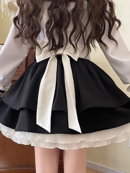 Japanci Lolita Stil Suknje Žene Ljeto Crni Gotski Mini Suknju Sladak Kawaii Srednjoj Struka Luk Zavoj Nabore Princeza Suknju 2023