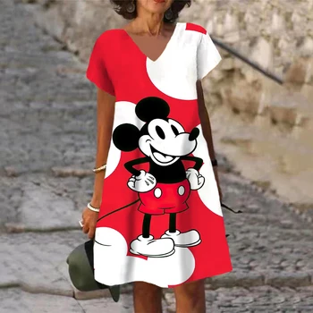Dizajn Disney Mickey Grafički T Majice Žene Ljeto Crtani Otisak V Vrat Kratki Rukav Dugo Haljinu Opušteno Slobodi Haljinu Plus Veličine 5XL
